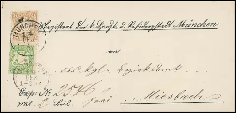 6 Kr. ockerbraun, Kabinettstück, nebst 1 Kr. grün (eckrund), auf frischem, teils vorgedrucktem Brief von München nach Miesbach