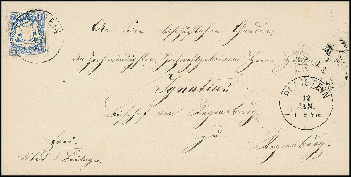 7 Kr. blauw op kabinetsbisschopsbrief met K1 "Pleistein" aan bisschop Ignatius in Regensburg, gesigneerd Brettl