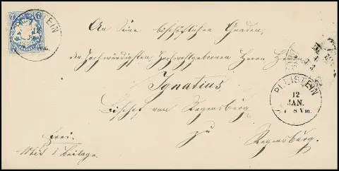 7 Kr. blau auf Kabinett-Bischofsbrief mit K1 "Pleistein" an Bischof Ignatius in Regensburg, sign. Brettl