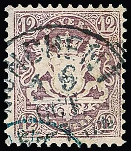 12 Kr. pourpre, pièce de cabinet avec K1 de Munich et partie d'un cachet frontalier français. Sign. Pfenninger (double comme bon filigrane Y) et certificat Schmitt. Mi. 1400,-
