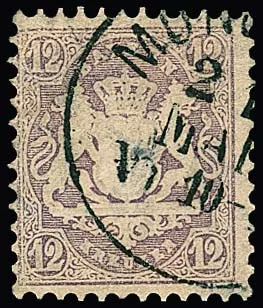 12 Kr. purper, duidelijk afgestempeld prachtexemplaar, Mi. 1400,-