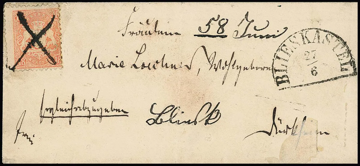18 Kr. mat baksteenrood ("eckrund") enkel met handgeschreven penkruisontwaarding en nevenstempel "Blieskastel" op damescouvert (gebruikte staat) naar Dürkheim, hs. "Sogleich abzugeben", curiositeit