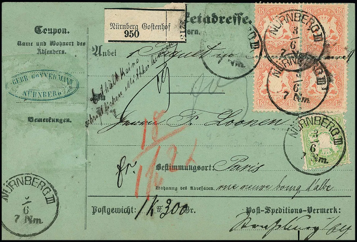 18 Kr. rouge brique mat, magnifique bloc de quatre (un timbre petit pli de dent d'angle), avec 1 Kr. vert, sur carte de colis étranger de Nuremberg 1874 via Strasbourg pour Paris. Un autre 18 Kr. détaché. Les blocs de quatre de ce timbre sont rares !