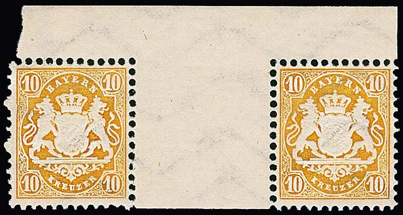 10 Kr. chrome yellow, flawless mint never hinged inter-pane pair from the top margin. Mi. 1000,-