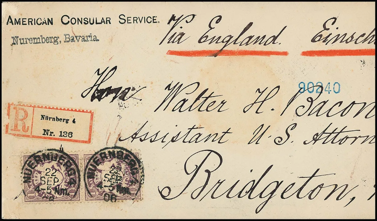 1 Mk. violet, paire verticale (un peu tachée) comme affranchissement multiple rare sur lettre recommandée surchargée de Nürnberg 1906…