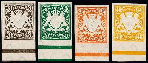 Wappen, 5 und 10 Pfg., sowie Ausgaben 1890, 3 bis 50 Pfg., ferner 1900, 2 bis 80 Pfg., je als ungezähnte postfrische Unterrandstücke, die 2 Pfg. etwas…
