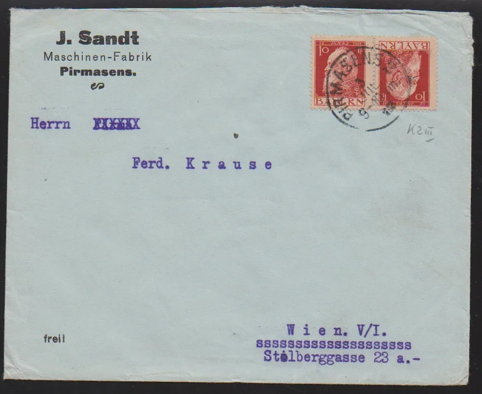 5 resp. 10 pf. Luitpold, keerdrukparen elk op brieven van Pirmasens naar Wenen. Mi. 190,-