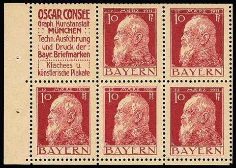 10 Pfg. Luitpold, Heftchenblatt 1.1 mit Zusammendruck R47b/78III tadellos postfrisch, links mit Bogenrand. Von diesem Blatt sind nur ganz wenige postfrische…