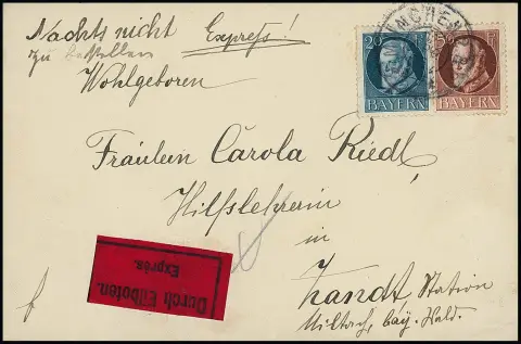 20 u. 50 Pfg. Ludwig auf seltenem Land-Expreßbrief von München nach Zandt, Station Miltorf 1916, 10 Pfg. Porto plus 60 Pfg. Landexpreß