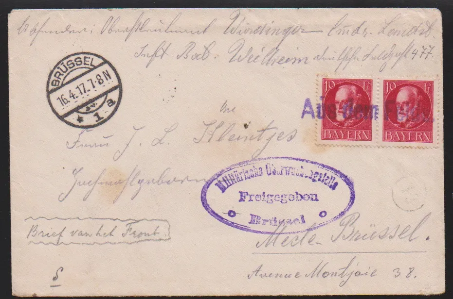 10 Pfg. Ludwig oorlogsdruk in paar (licht gomvlekkig) op veldpostbrief uit België, 16.4.17 (nevenstempel), met L1 '"Aus dem Felde" als brief van het front naar Brussel met censuur