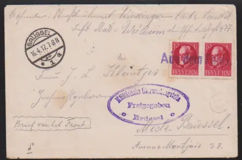 10 Pfg. Ludwig Kriegsdruck im Paar (leicht gummifleckig) auf Feldpostbrief aus Belgien, 16.4.17 (Nebenstempel), mit L1 '"Aus dem Felde" als Brief von der…