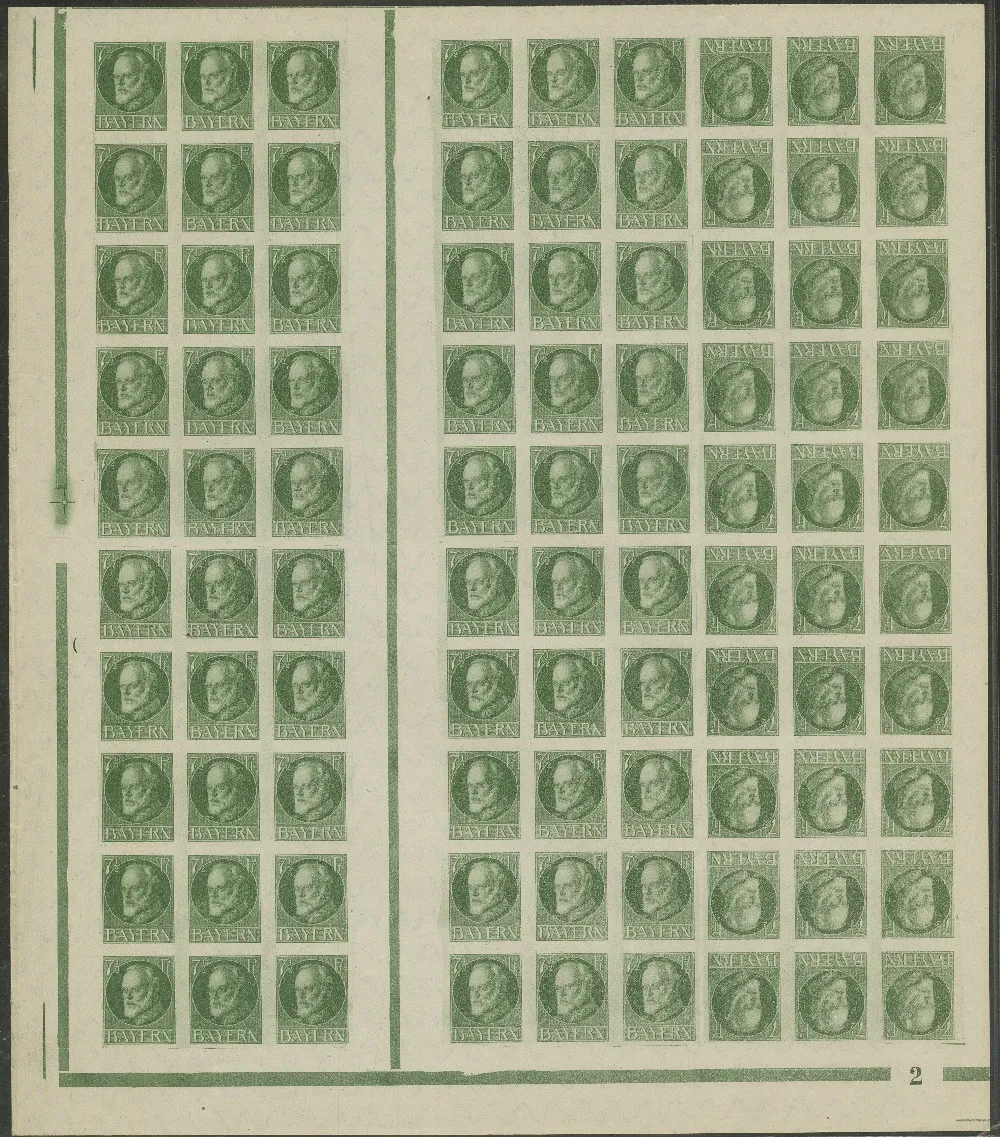 7 1/2 Pfg. Ludwig, geschnittener postfrischer Markenheftchenbogen 10B mit Walzen-Nummer "2". Mi. 550,-
