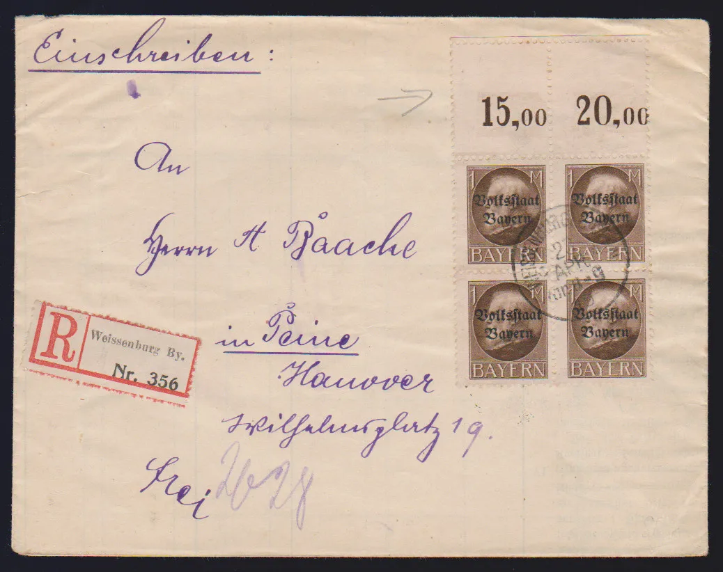 1 Mk. Ludwig-Volksstaat im Oberrand-Viererblock mit zwei vierseitig durchgezähnten Leerfeldern auf Einschreibe-Couvert aus Weissenburg