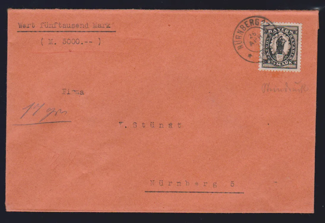 2 1/2 Mk. Bayern-Abschied, druk litograficzny, pojedynczo na prawie opłaconym liście wartościowym miejscowym z Norymbergi 1920