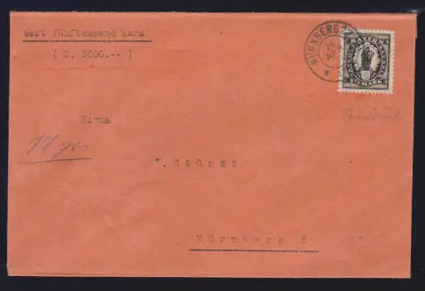2 1/2 Mk. Bayern-Abschied, Steindruck, einzeln auf nahezu portoger. Orts-Wertbrief aus Nürnberg 1920
