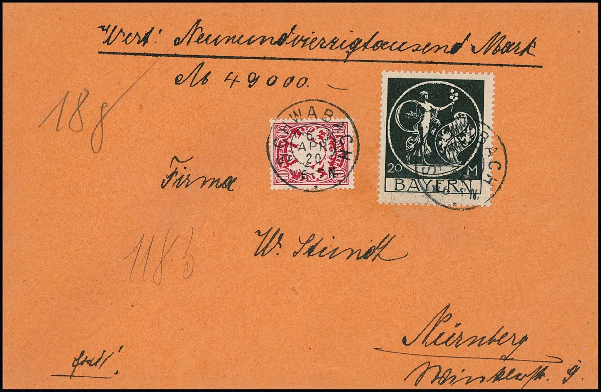 20 Mk. Bayern-Abschied, z 10 Pfg., na liście wartościowym z opłatą z Schwabach (19,60 + 0,30 + 0,20, wartość 49000,-, 18gr.) 1920 do Norymbergi