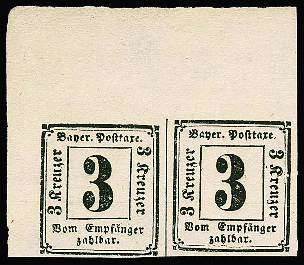 Portomarke 3 Kr. schwarz, postfrisches waagerechtes Luxuspaar aus der linken oberen Bogenecke mit breiten Bogenrändern links und oben, die beiden Marken mit…