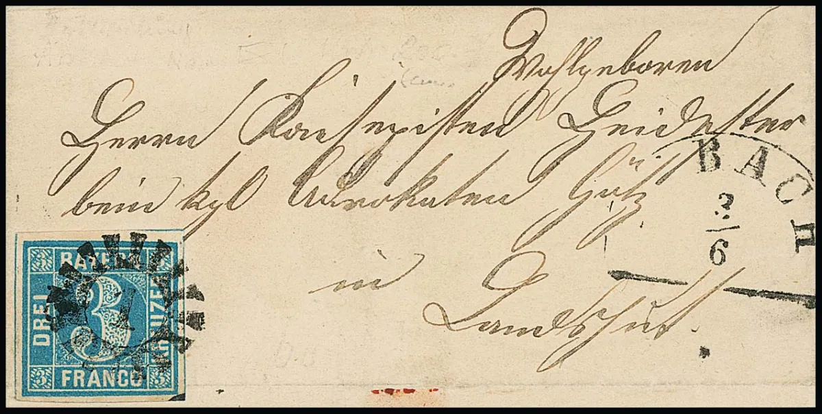 "1" gMR s HK "Abbach" jasný na složeném dopise se širokomarginální 3 Kr. modrou 1861 do Landshut, Feuser 150,-