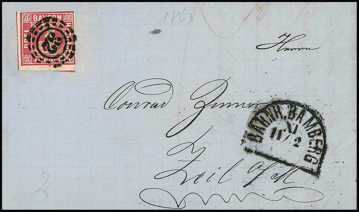 "32", le rare petit type de l'oMR, avec HK "Bamberg", sur lettre pliée avec 3 Kr. rouge (en haut un peu de coupe de ligne de marge), en complément divers valeurs avec grand oMR pour comparaison. Feuser + 2000,-
