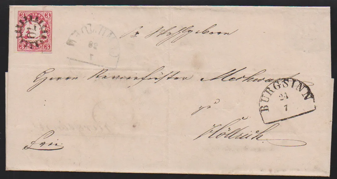"70", gMR avec HK "Burgsinn" sur lettre double usage, à l'intérieur 3 Kr. avec gMR "153" et HK "Gemünden"