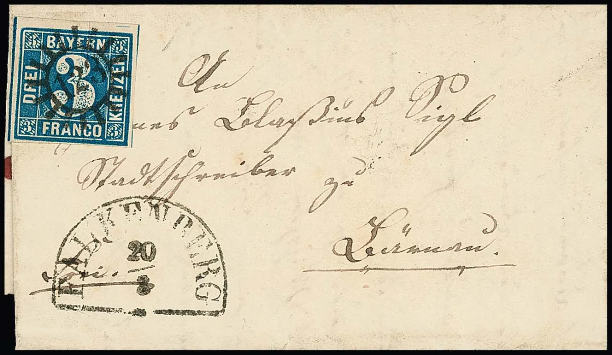 "123", gMR with HK "Falkenberg" clear on letter with full-margined, colour-fresh 3 Kr. blue 1857 to Bärnau, signed Brettl