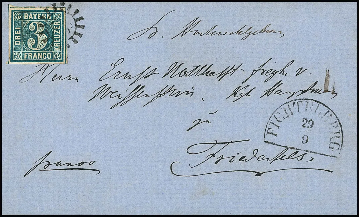 "128", gMR avec HK "Fichtelberg", meilleur cachet à roue de moulin sur lettre de cabinet avec 3 Kr. bleu 1860 à pleines marges vers Friedenfels