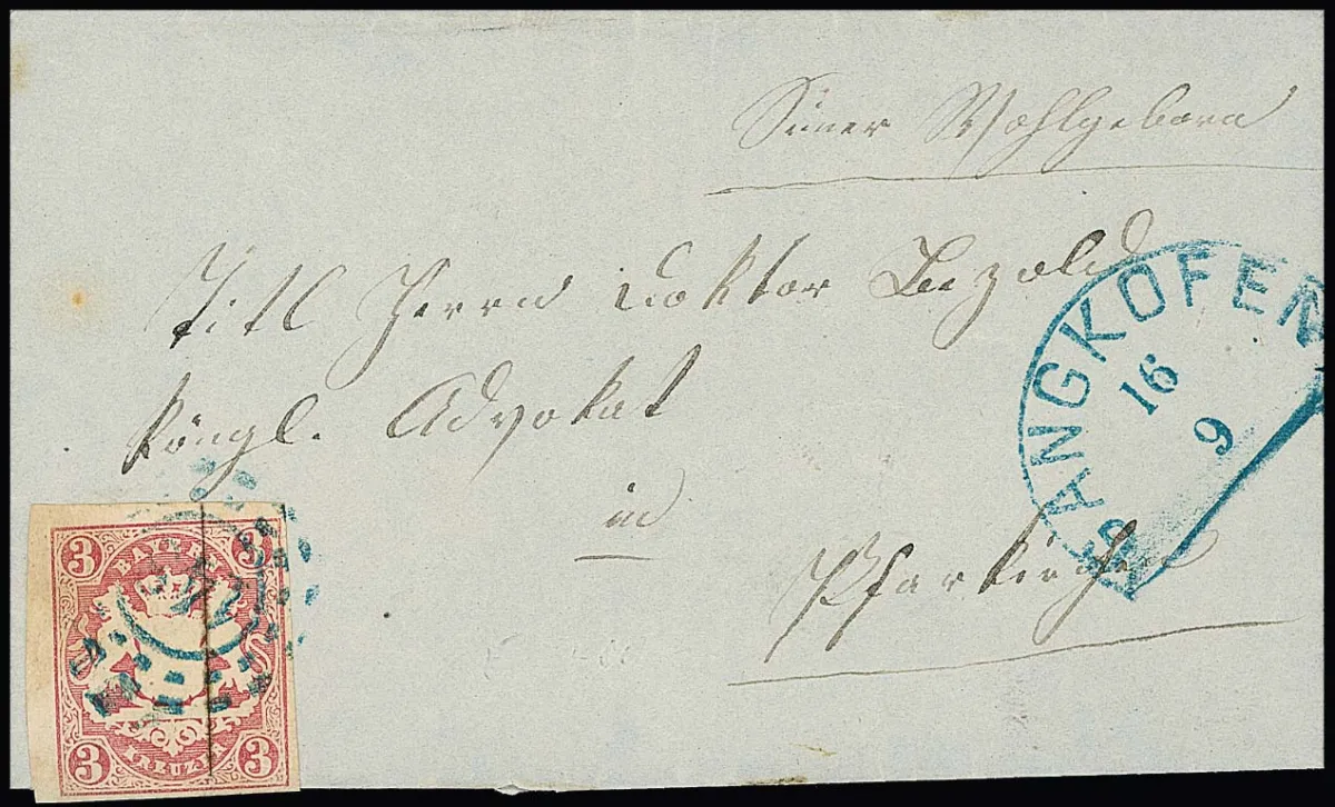"148", oMR avec HK "Gangkofen", chacun en rare couleur bleue, sur petit pli de cabinet 3 Kr. rose