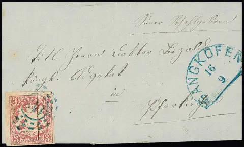 "148", oMR nebst HK "Gangkofen", je in seltener blauer Farbe, auf kleinem Kabinettbriefchen 3 Kr. rosa