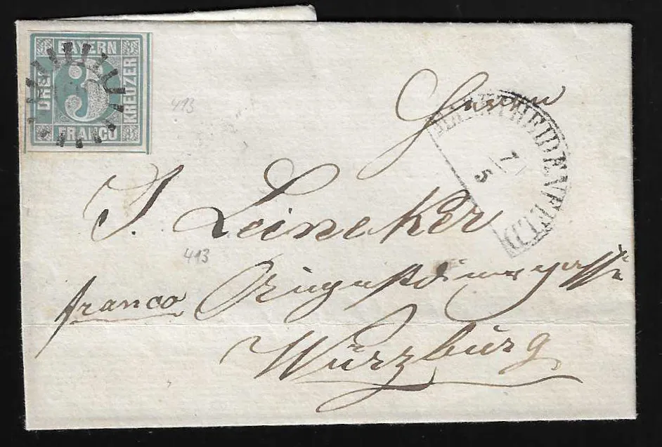 "199", gMR nebst HK "Marktheidenfeld" auf Prachtbriefchen 3 Kr. blau