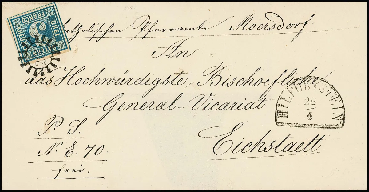 "203", gMR avec HK "Hilpoltstein" net sur lettre pliée avec 3 Kr. bleu à marges débordantes, Pl. 5, adressée au Generalvikariat épiscopal à Eichstaedt