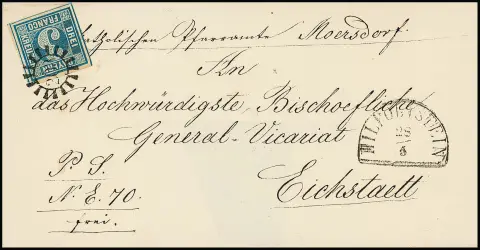 "203", gMR nebst HK "Hilpoltstein" klar auf Faltbrief mit überrandiger 3 Kr. blau, Pl. 5, an das Bischöfliche Generalvikariat in Eichstaedt