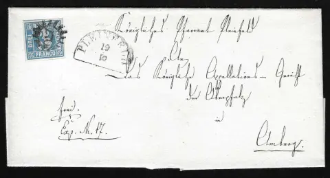 "270", gMR nebst HK "Pleinfeld" auf Faltbrief mit breitrandiger 3 Kr. blau, Pl. 2, 1852 nach Amberg, Feuser 180,-