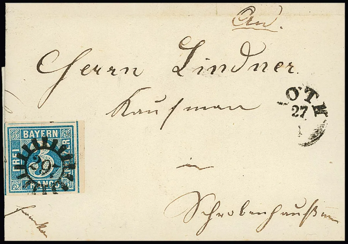"297", gMR comme oblitération anticipée, K1 dé à coudre "Roth" adjacent, sur lettre pliée 1853 avec 3 Kr. bleu parfait du bord de feuille, peu d'exemplaires connus, attestation Brettl. Sem + 750,-
