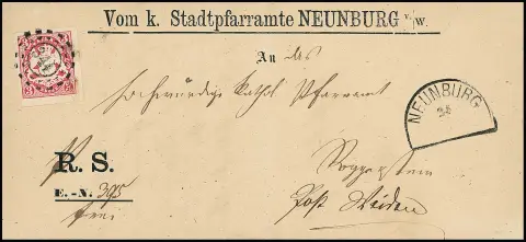 "344", oMR nebst HK "Neunburg v.W." klar auf Brief, vorgedruckte Regierungssache "Vom K. Stadtpfarramt Neunburg v.W.", mit breitrandigem Kabinettstück 3 Kr.…