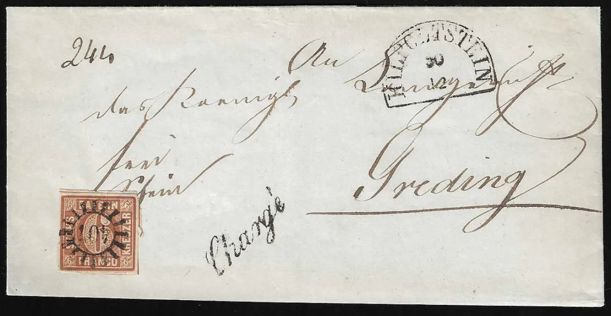 "407", gMR met HK "Hilpoltstein" en handschrift L1 "Chargé" op gevouwen brief met volledig gerande 6 Kr. bruin, Feuser 180,-