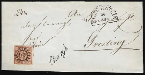 "407", gMR nebst HK "Hilpoltstein" und Schreibschrift-L1 "Chargé" auf Faltbrief mit vollrandiger 6 Kr. braun, Feuser 180,-
