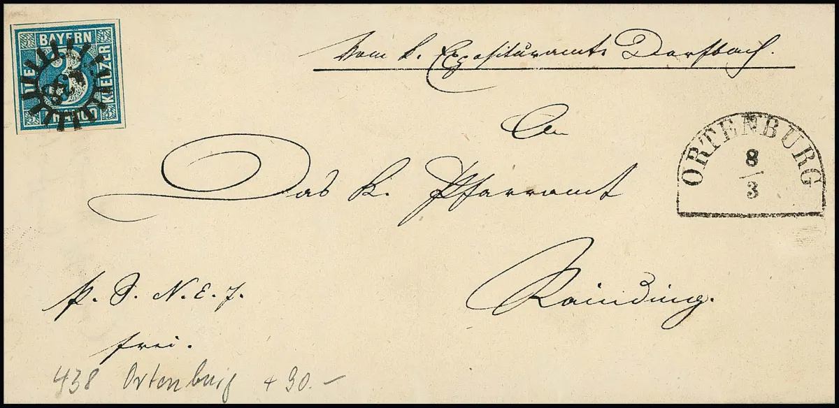 "438", gMR avec HK "Ortenburg" sur lettre de cabinet 3 Kr. bleu