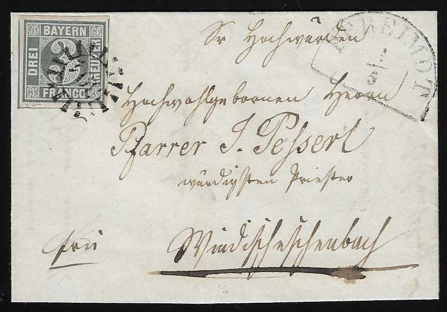 "439", gMR with HK "Pfremdt" on folded letter with full-margin 3 Kr. blue to Pleistein, and gMR "394" with also HK "Pfemdt" on letter 3 Kr. blue, Feuser 230,-