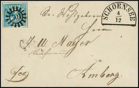 "501", gMR nebst HK "Schönsee" auf Faltbrief mit breitrandiger 3 Kr. blau 1854 nach Amberg, Feuser 250,-