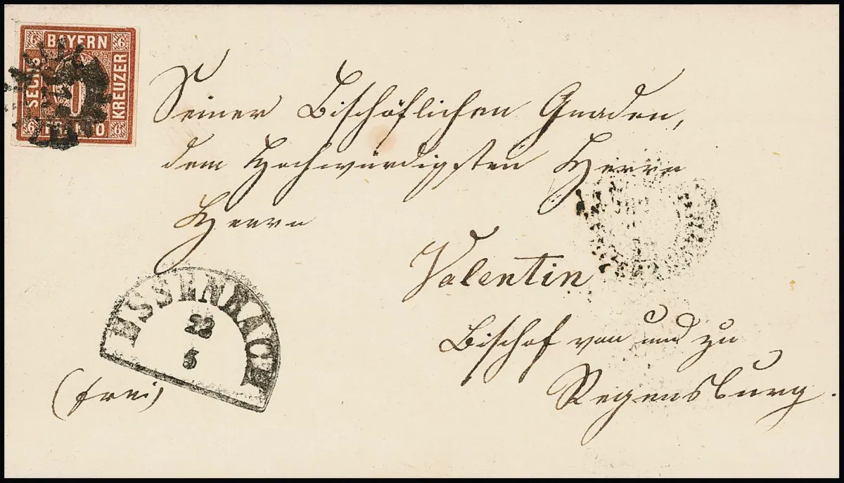 "515", gMR nebst HK "Essenbach" auf Pracht-Bischofsbrief ("Valentin") mit vollrandiger 6 Kr. braun nach Regensburg, Feuser 300,-