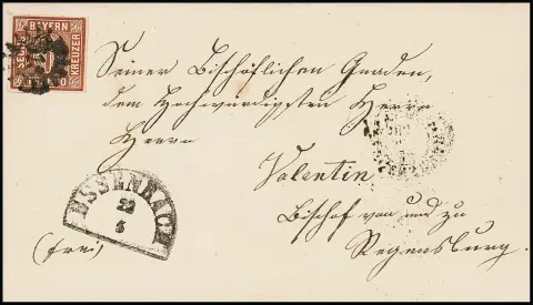 "515", gMR nebst HK "Essenbach" auf Pracht-Bischofsbrief ("Valentin") mit vollrandiger 6 Kr. braun nach Regensburg, Feuser 300,-