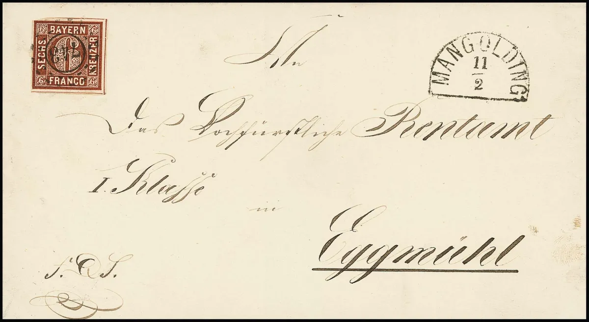 "743", oMR avec HK "Mangolding" sur lettre pliée avec pièce de cabinet 6 Kr. brun pour Eggmühl, Feuser 200,-