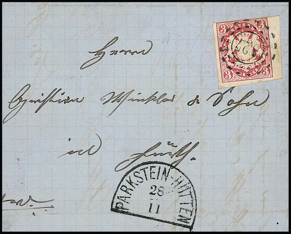 "827", oMR nebst HK "Parkstein-Hütten" auf Brief mit noch vollrandigem Randstück 3 Kr. Wappen 1868 nach Floss, Feuser 200,-
