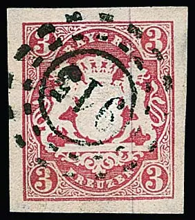 "915" (Altenglan/Pfalz), oMR zentrisch klar auf breitrandiger 3 Kr. karmin (min. Randriß), eine große Stempelseltenheit, Attest Stegmüller. Feuser + 3000,-