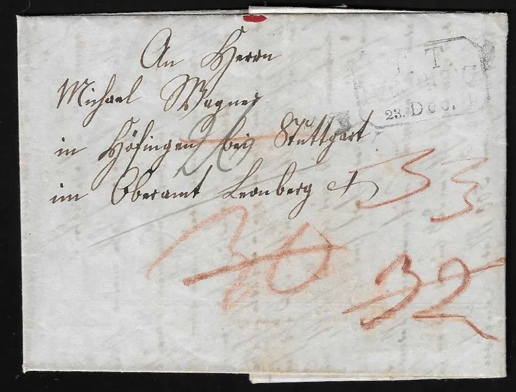 1841, "Die Hamburg-Bergedorfer Eisenbahn", dekoracyjna litografia na papierze listowym, datowana "Hamburg 19/12 41", wewnątrz w kompletnym liście z taxiskim stemplem przylotu z Hamburga do Leonberg/Württemberg