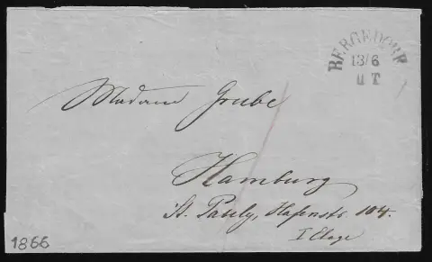 "Bergedorf", je Aufgabe-HK auf zwei Briefen, nach Hamburg 1866 und nach Winsen a.d. Luhe