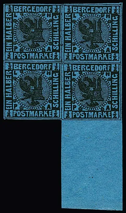 1/2 Sch. schw./hellblau im postfrischen Unterrand-Viererblock, eine Marke mit Leerfeld. Mi. der losen Marken schon 980,- +, Attestkopie Jakubek für zerteilte…