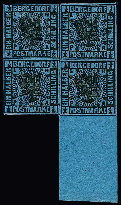1/2 Sch. schw./hellblau im postfrischen Unterrand-Viererblock, eine Marke mit Leerfeld. Mi. der losen Marken schon 980,- +, Attestkopie Jakubek für zerteilte…
