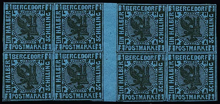 1/2 Sch. zwart/lichtblauw in postfrisse achtblok met twee tussenbrugparen. Mi. van losse zegels/bruggen = 1240,- +, kopie attest Jakubek voor verdeelde eenheid