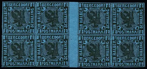 1/2 Sch. schw./hellblau im postfrischen Achterblock mit zwei Zwischenstegpaaren. Mi. der losen Marken/Zw. = 1240,- +, Attestkopie Jakubek für zerteilte Einheit
